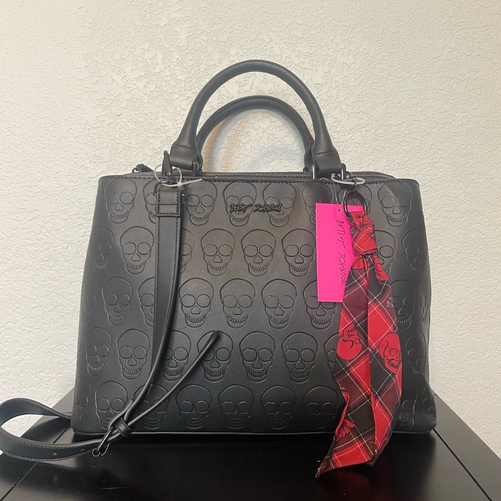 Betsey Johnson Black Skull Boss Embossed Tote Bag  With Plaid Twilly Scarf
